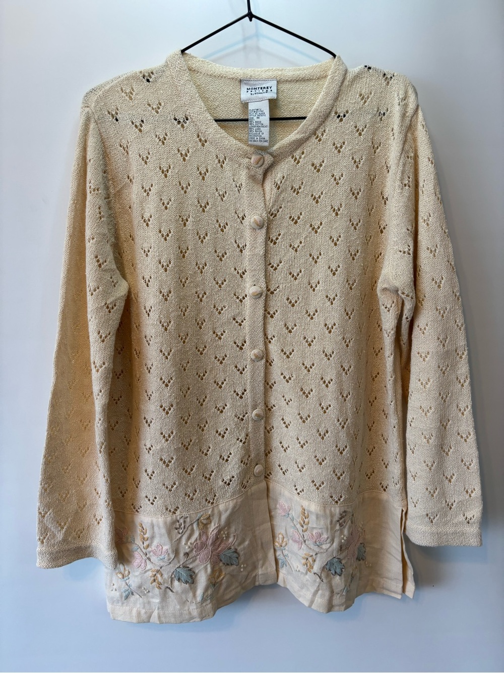 Pendleton Cream Eyelet Knit Button-Front Cardigan with Floral Hem. linen blend